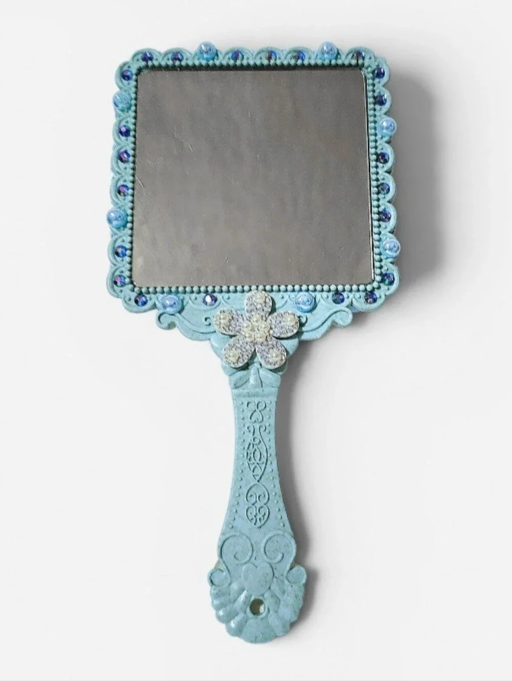 Princess Jasmin Handheld Beauty Makeup Mirror Clay Doll Embellished Fashion Blue